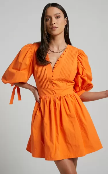 Zandra Mini Dress - Puff Sleeve Poplin Dress In Orange Women Showpo Curve Clothes