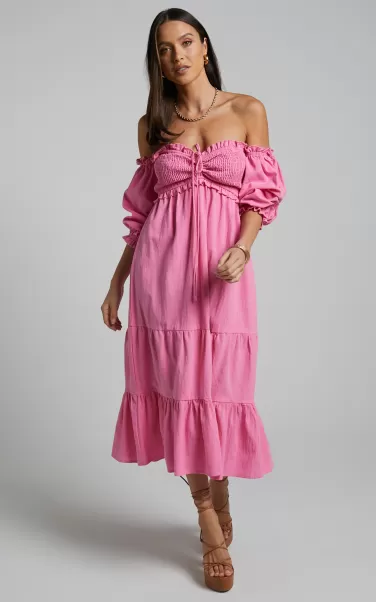Curve Clothes Showpo Women Nikka Midi Dress - Shirred Off Shoulder Puff Sleeve Dress In Pink