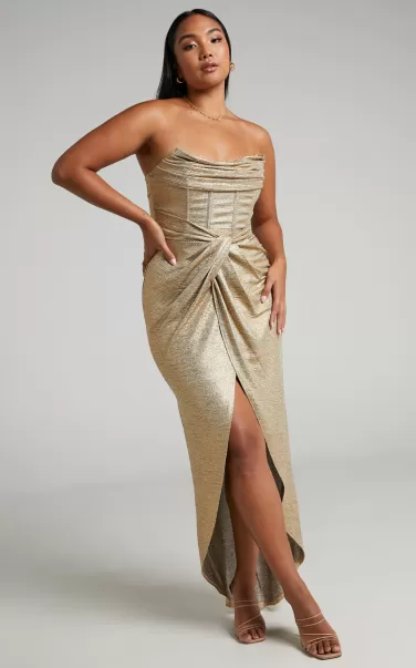 Adrie Midi Dress - Strapless Corset Bodice Dress In Gold Women Curve Clothes Showpo