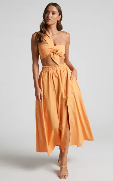 Showpo Curve Clothes Women Sula Two Piece Set - One Shoulder Bralette Crop Top And Midi Skirt Set In Sherbet Orange
