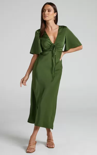 Women Nicholla Midi Dress - Ruched Front Angel Sleeve Slip Dress In Olive Showpo Curve Clothes