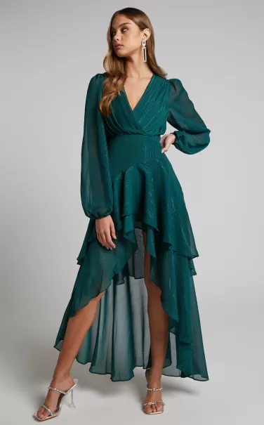 Showpo Women Claudita Midi Dress - Long Sleeve High Low Hem Dress In Emerald Curve Clothes