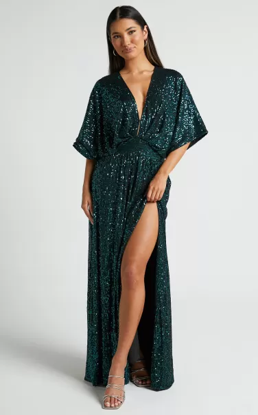 Women Curve Clothes Miyah Maxi Dress - Sequin Plunge Short Sleeve Dress In Emerald Showpo