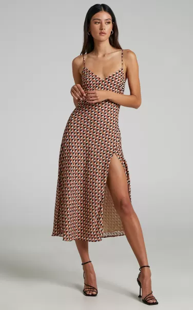 Leivi Midi Dress - Thigh Split Slip Dress In Mod Geo Women Curve Clothes Showpo