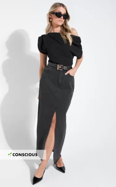 Women Kira Midi Skirt - Front Split Denim Skirt In Washed Black Denim Showpo