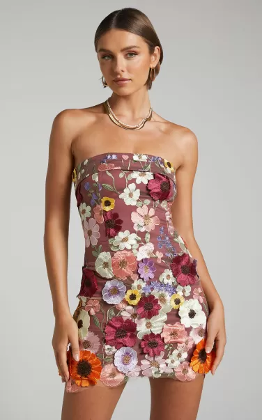 Wren Mini Dress - Strapless Bodycon Garden Flowers Dress In Burgundy Showpo Dresses Women