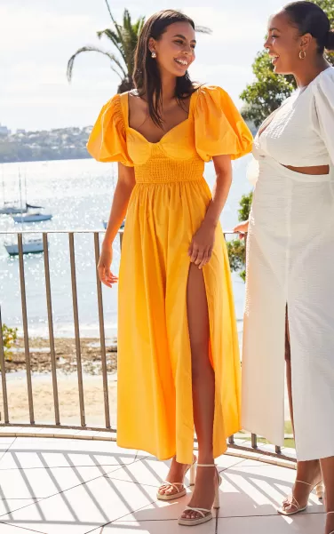 Raiza Midi Dress - Shirred Waist Puff Sleeve Dress In Marigold Dresses Women Showpo