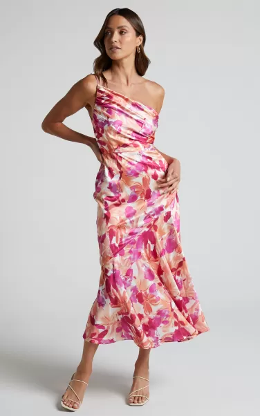Alyssia Midi Dress - One Shoulder Ruched Satin Dress In Pink Floral Dresses Showpo Women
