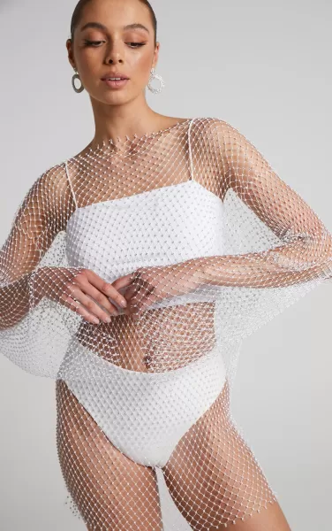 Sharlize Mini Dress - Diamante Mesh Long Sleeve Dress In White Dresses Women Showpo