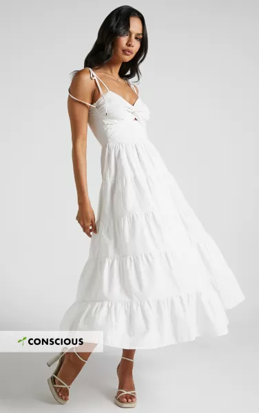 Showpo Women Dresses Leticia Maxi Dress - Twist Front Tie Strap Tiered Dress In Off White
