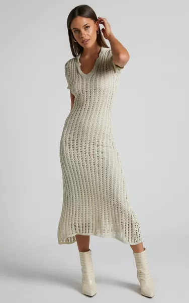 Women Jolie Midi Dress - Crochet Collared Short Sleeve Dress In Cream Dresses Showpo