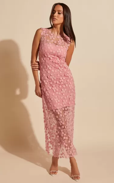 Showpo Hazel Midi Dress - 3D Flower Net Bodycon Dress In Pink Women Dresses