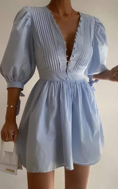 Zandra Mini Dress - Puff Sleeve Poplin Dress In Icy Blue Dresses Showpo Women