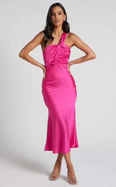 Showpo Carmella Midi Dress - One Shoulder Twist Detail Dress In Fuchsia Dresses Women