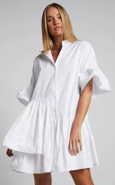 Elowen Mini Dress - Button Up Asymmetrical Tiered Smock Dress In White Dresses Showpo Women
