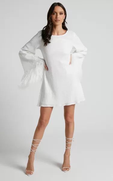 Women Showpo Rowella Mini Dress - Faux Feather Bell Sleeve Dress In White Dresses