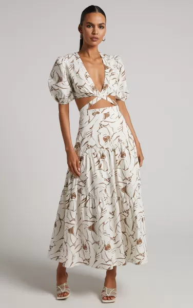 Dresses Cecelia Midi Dress - Plunge Neck Puff Sleeve Patterned Dress In Beige Palm Women Showpo
