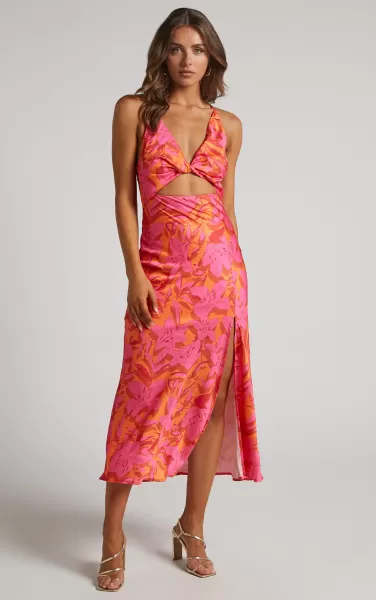 Dresses Showpo Tove Midi Dress - Twist Front Cut Out Satin Dress In Pink Floral Women