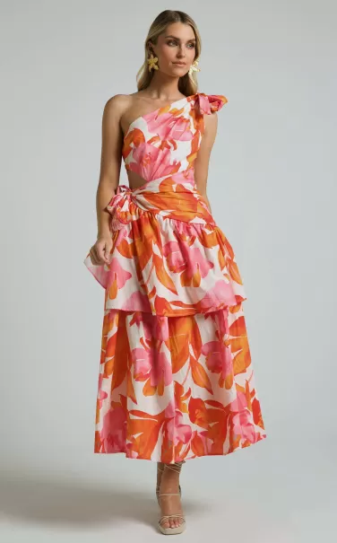 Showpo Dresses Women Honolulu Midi Dress - One Shoulder Tiered Dress In Orange Floral