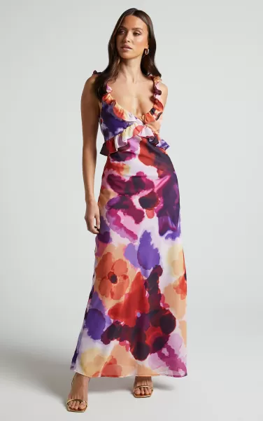 Charlie Midi Dress - V Neck Low Back Frill Detail Dress In Watercolour Floral Women Dresses Showpo