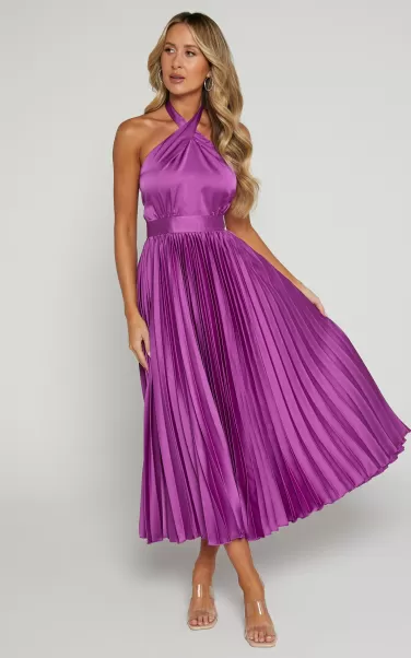 Showpo Eloise Midi Dress - Halter Neck Pleated Dress In Grape Dresses Women