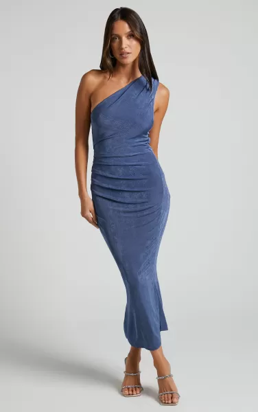 Dresses Showpo Women Arietty Midi Dress - One Shoulder Asymmetrical Ruched Dress In Steel Blue