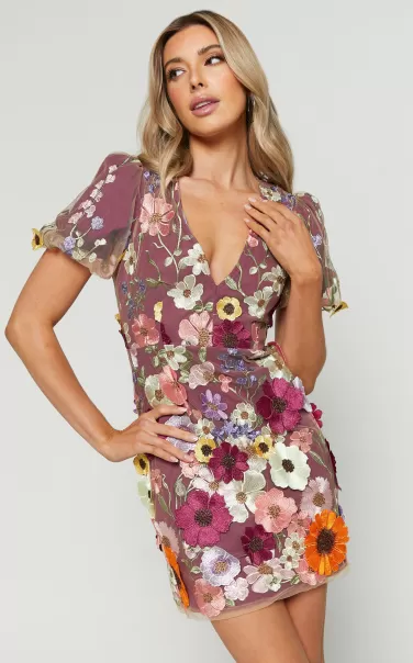 Showpo Dresses Women Wren Mini Dress - Puff Sleeve Bodycon 3D Garden Flowers Dress In Burgundy