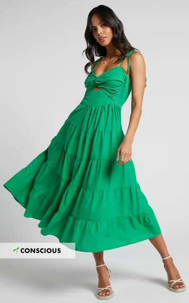 Dresses Women Leticia Maxi Dress - Twist Front Tie Strap Tiered Dress In Green Showpo