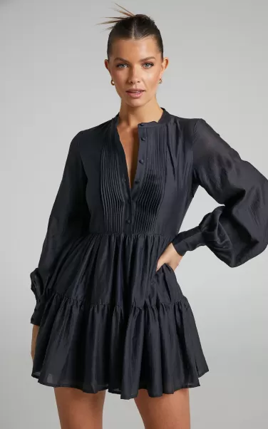 Women Dresses Showpo Kyra Mini Dress - Pin Tuck Detail Tiered Shirt Dress In Black