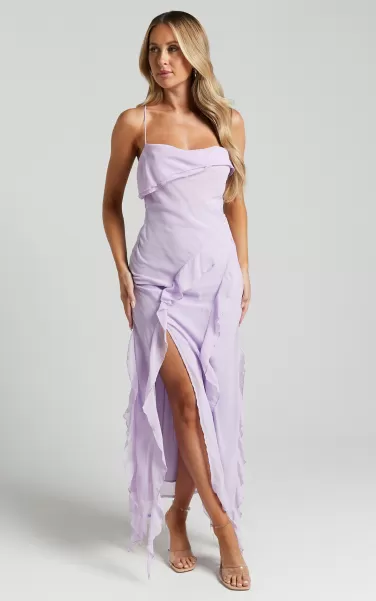 Showpo Connie Midi Dress- Ruffle Detail Dress In Lilac Dresses Women