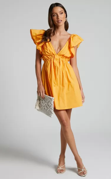 Raiza Mini Dress - Ruffle Sleeve Tie Back Plunge Dress In Marigold Women Showpo Dresses