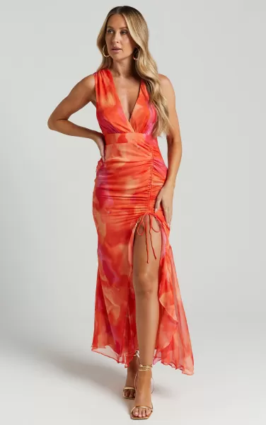Annie Midi Dress - Wrap Front Ruffle Detail Dress In Orange Floral Women Dresses Showpo