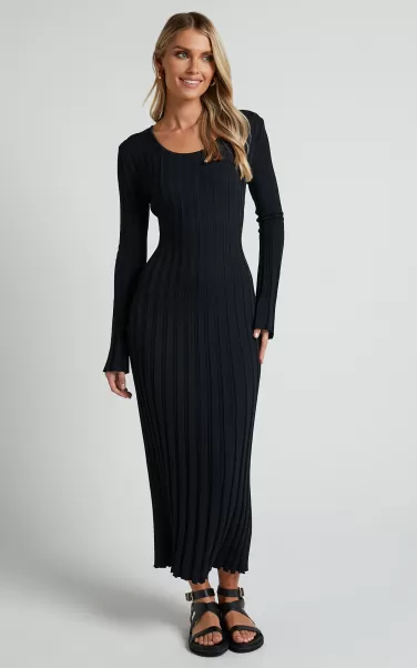 Blaire Midi Dress - Long Sleeve Tie Back Flare Dress In Black Showpo Dresses Women