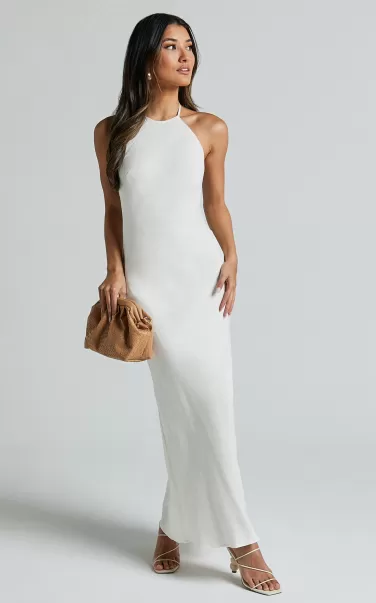Cyrena Maxi Dress - Linen Look Halter Neck Sleeveless Slip Dress In Off White Women Dresses Showpo