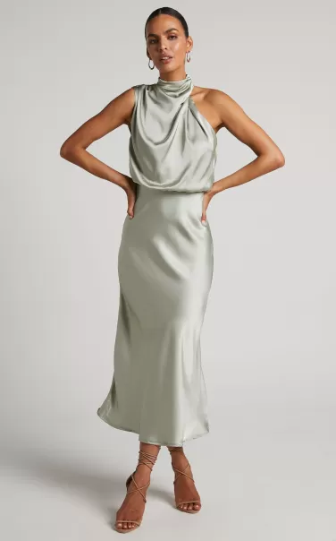 Minnie Midi Dress - Drape Neck Satin Slip Dress In Sage Dresses Showpo Women