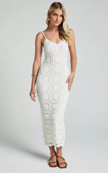 Women Showpo Antwerp Midi Dress - Strappy Bodycon Dress In White Crochet Dresses