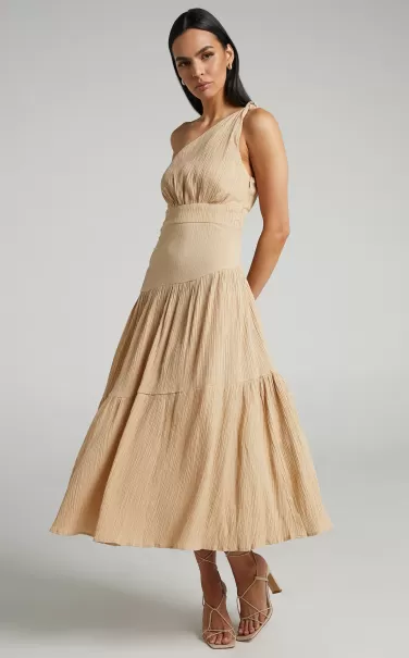 Women Celestia Midi Dress - Tiered One Shoulder Dress In Sand Dresses Showpo
