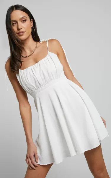 Showpo Dresses Aziah Mini Dress - Tie Shoulder Ruched Bodice Dress In White Women
