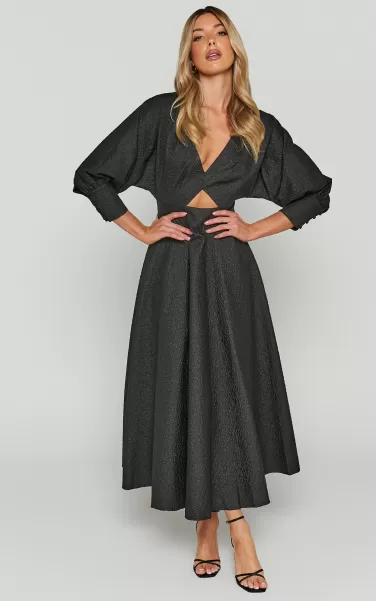 Women Showpo Dresses Ashtina Midi Dress - V Neck Cut Out Puff Sleeve Dress In Black