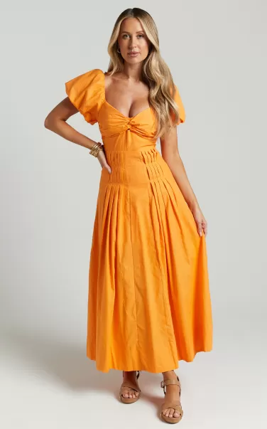 Viviana Midi Dress - Sweetheart Puff Short Sleeve Dress In Orange Women Showpo Dresses