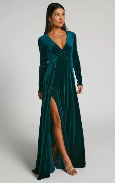 Showpo Dresses Sloane Maxi Dress - Long Sleeve Wrap Dress In Emerald Women