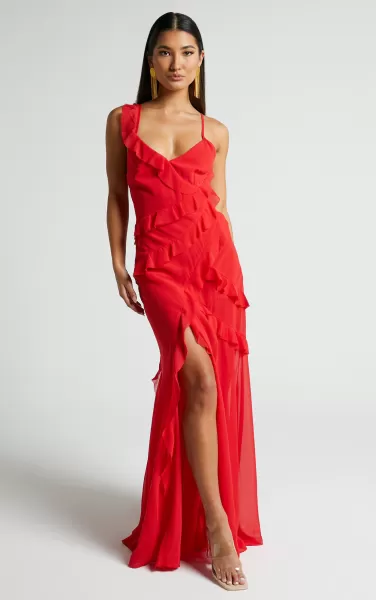 Women Nitha Maxi Dress - Asymmetrical Frill Thigh Split Dress In Red Dresses Showpo