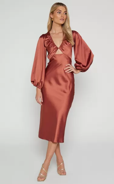 Showpo Women Adaleine Midi Dress - Plunge Neck Puff Sleeve Dress In Copper Dresses
