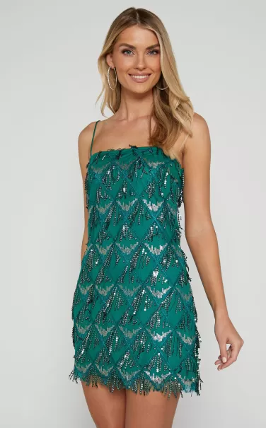 Dresses Shook Mini Dress - Strapless Fringe Dress In Emerald Sequin Showpo Women