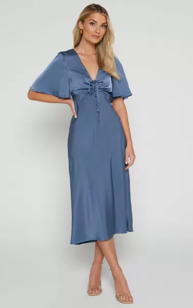 Nicholla Midi Dress - Ruched Front Angel Sleeve Slip Dress In Steel Blue Showpo Women Dresses