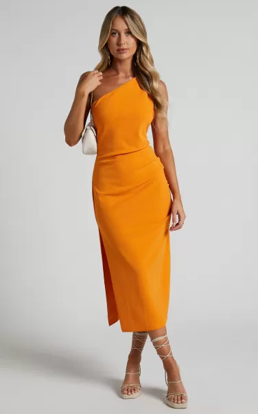 Monette Midi Dress - One Shoulder Straight Dress In Orange Dresses Women Showpo