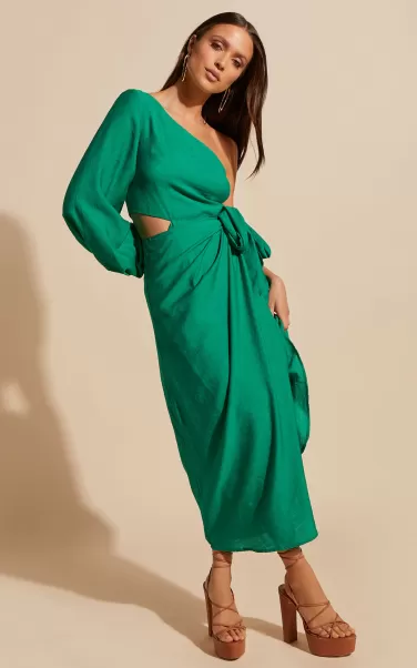 Women Showpo Savannah Midi Dress - One Shoulder Long Sleeve Cut Out Wrap Skirt In Green Dresses