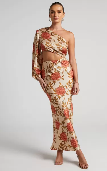 Abagail Midi Dress - One Shoulder Cut Out Dress In Beige Floral Showpo Dresses Women