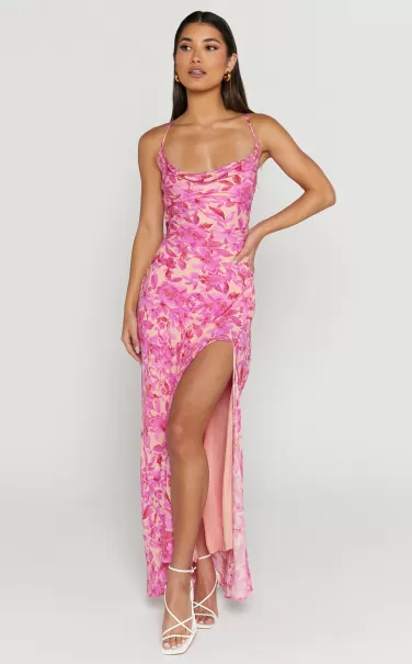 Manuella Maxi Dress - Cowl Neck Slit Slip Dress In Pink Dresses Showpo Women