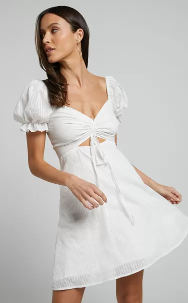 Soft Mention Mini Dress - Puff Sleeve Dress In White Floral Dresses Showpo Women